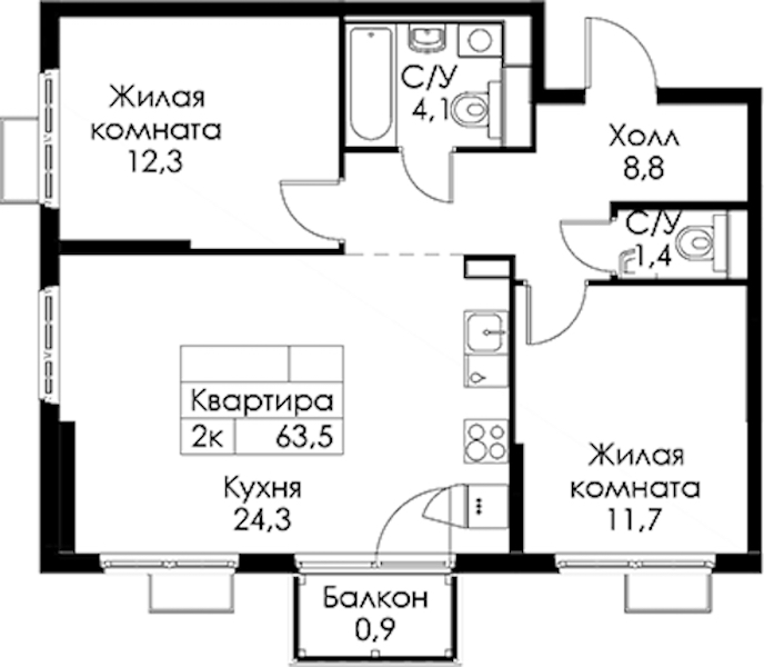 2-комнатная квартира 63.5 м², 2/13 эт., ЖК «Кантемировская 11»